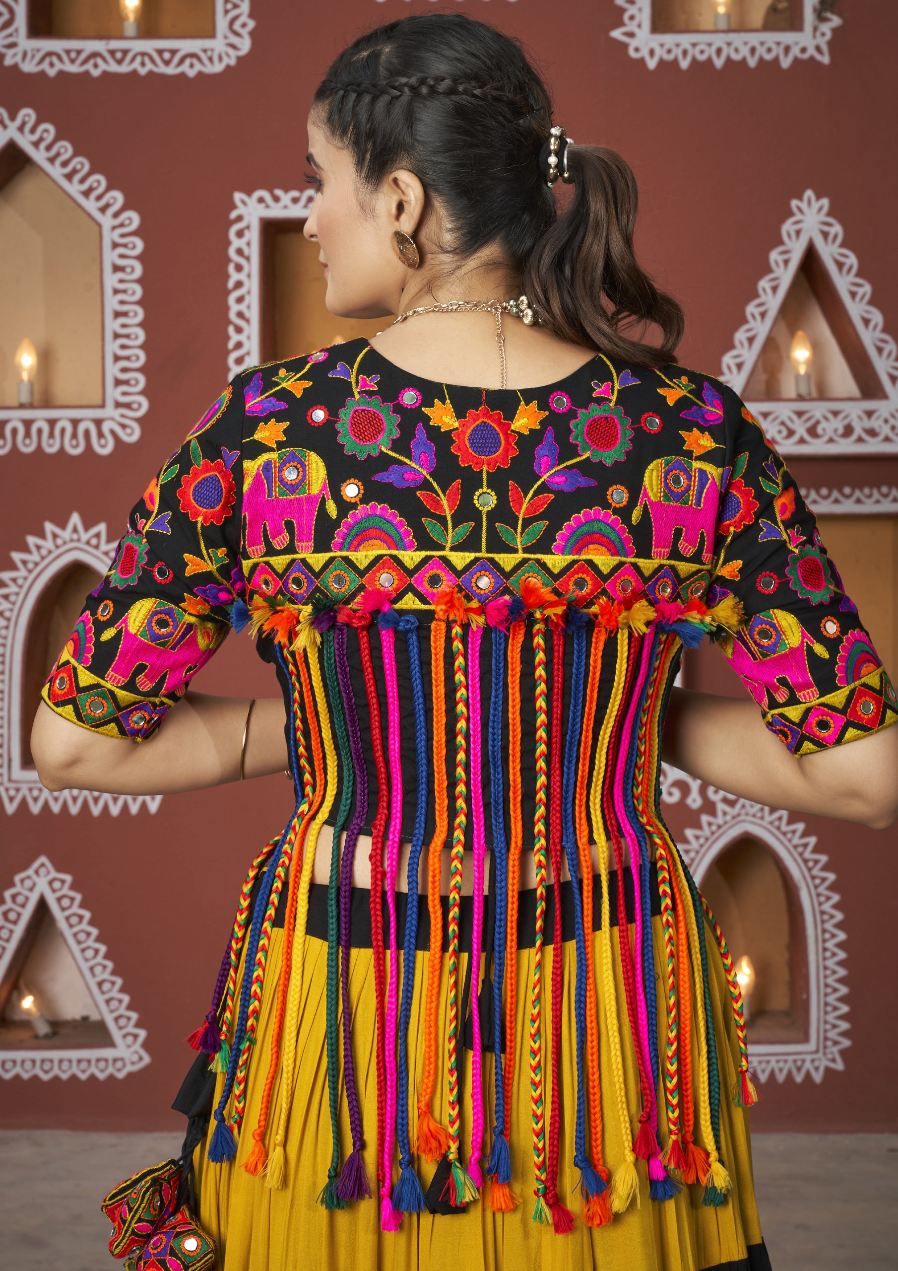Black And Yellow Color Maska Silk Embroidered Navratri Lehenga With Jacket